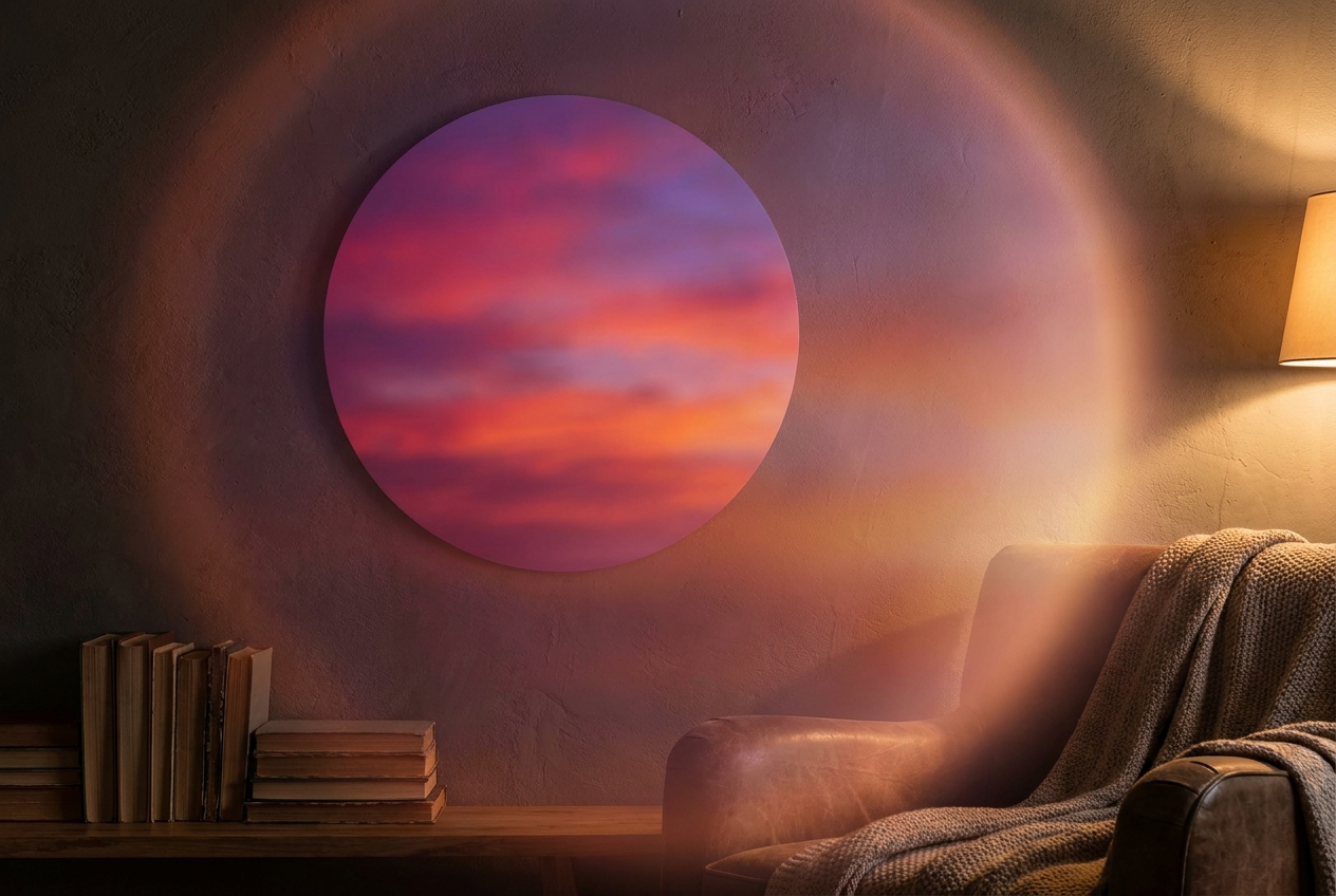 Pink and purple color mode projected on a bedroom wall