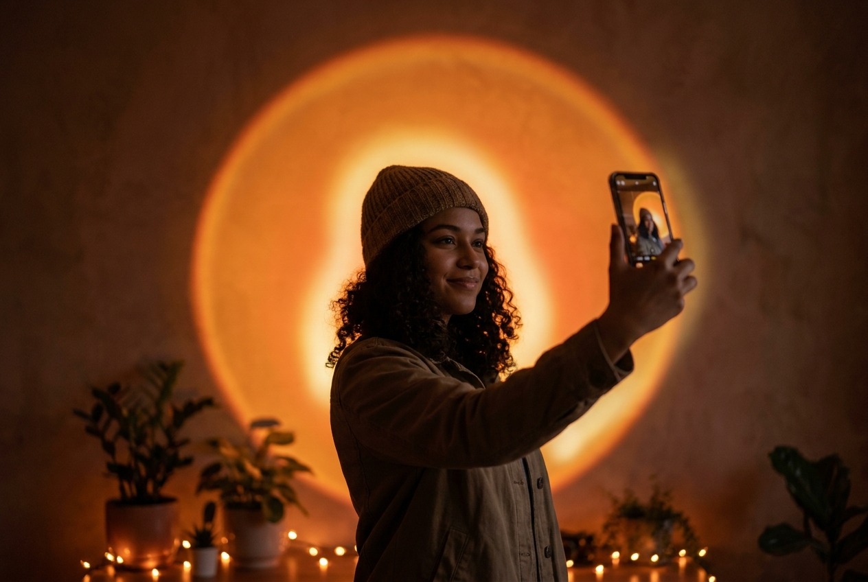 Content creator shooting a portrait against the sunset lamp projection