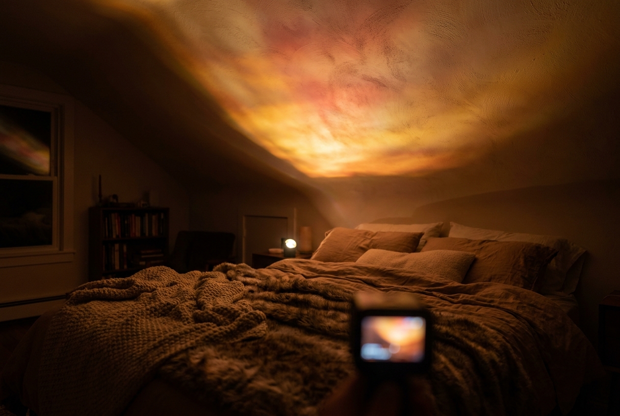 Sunset projection aimed at the ceiling above a bed