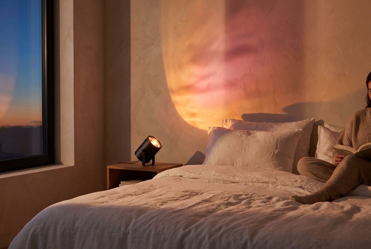 Tsrarey sunset lamp projecting warm golden light across a bedroom wall